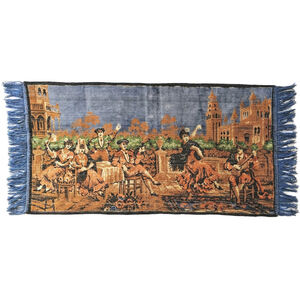 Vintage Spanish Woven Tapestry Table Runner • Flamenco Musicians Fringe • 40.5"